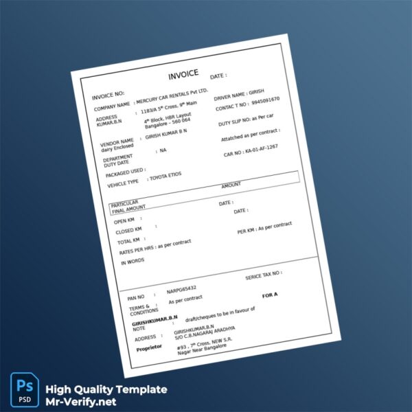 India Mercury Car Rentals Invoice Template in Word and PDF formats