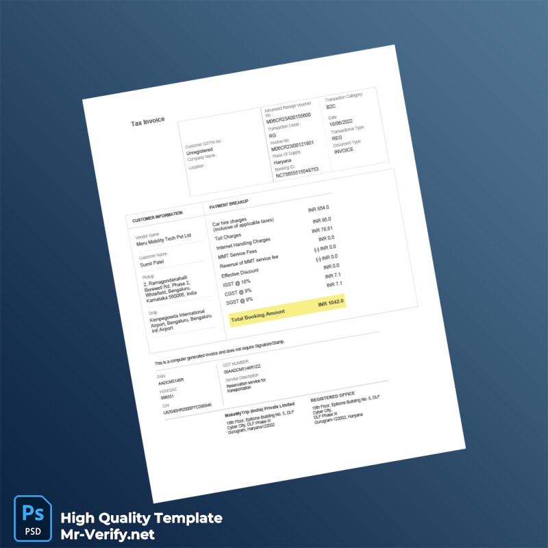 India Meru Mobility Tech Pvt Ltd Tax Invoice Template in Word and PDF formats India Meru Mobility Tech Pvt Ltd Tax Invoice Template in Word and PDF formats