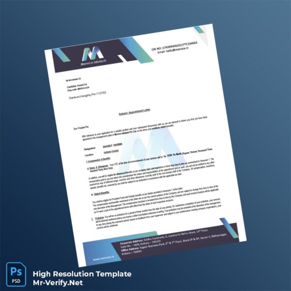 Editable India Mervice Infotech Pvt Ltd Appointment Letter Word and Pdf Template Preview - Mac Doc
