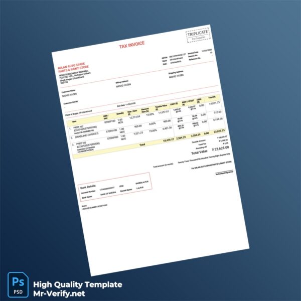 India Milan Auto Spare Parts Paint Store Invoice Template in Word and PDF formats