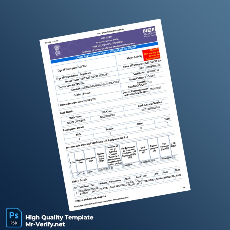 India Ministry of Commerce Editable Udyam Registration Certificate Template in Word and PDF formats page 3 India Ministry of Commerce Editable Udyam Registration Certificate Template in Word and PDF formats page 3
