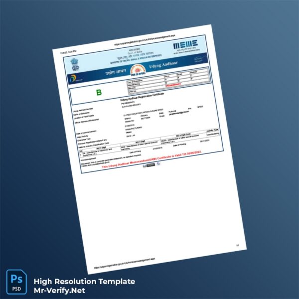 Editable India Ministry of Commerce Udyog Aadhaar Registration Certificate Word and Pdf Template Preview - Mac Doc