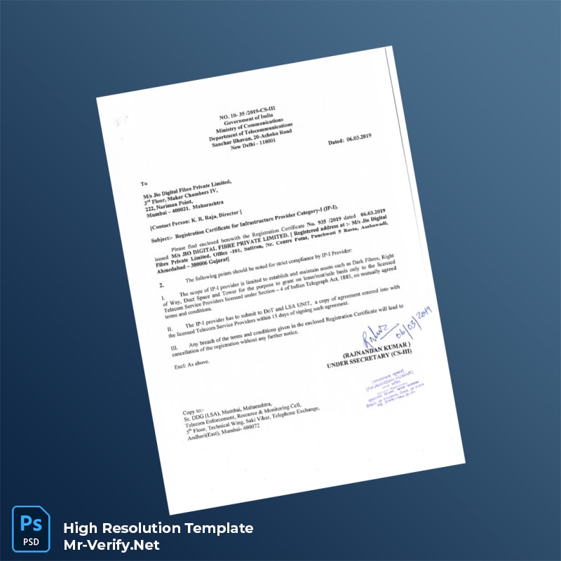 India%20Ministry%20of%20Communications%20Editable%20Registration%20Certificate%20Template%20in%20Word%20and%20PDF%20formats Editable India Ministry of Communications Editable Registration Certificate Word and Pdf Template Preview