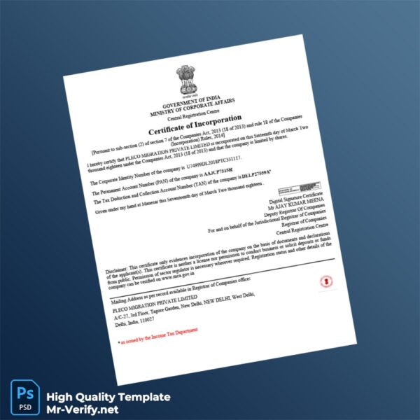 India Ministry of Corporate Affairs Certificate of Incorporation Template in Word and PDF formats