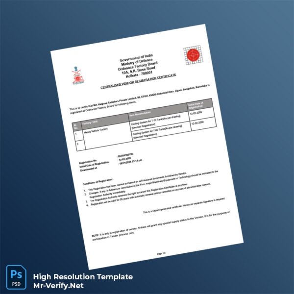 Editable India Ministry of Defence Centralised Vendor Registration Certificate Word and Pdf Template Preview