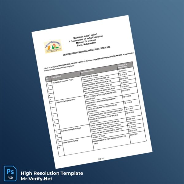 Editable India Ministry of Defence Editable Central Vendor Registration Certificate Word and Pdf Template Preview