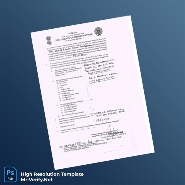 Editable India Ministry of Health Editable PCPNDT Registration Certificate Word and Pdf Template Preview