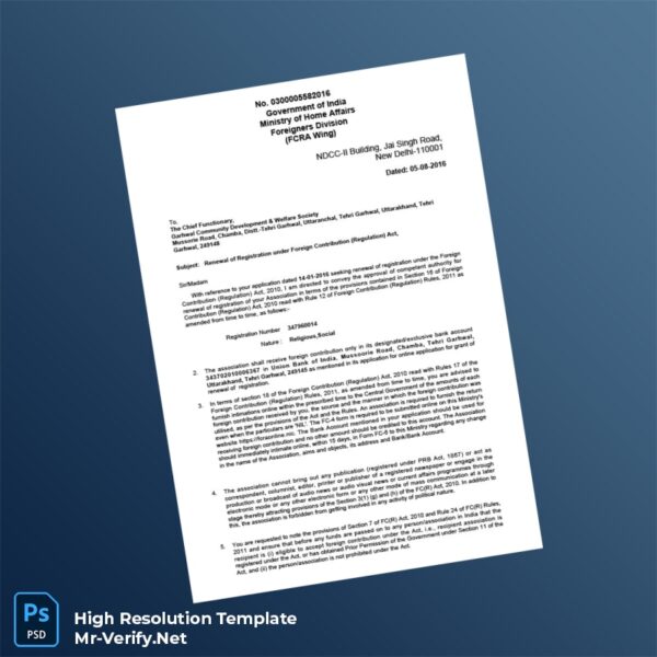 Editable India Ministry of Home Affairs Renewal Certificate under Foreign Contribution Regulation Act Word and Pdf Template Preview - Mac Doc