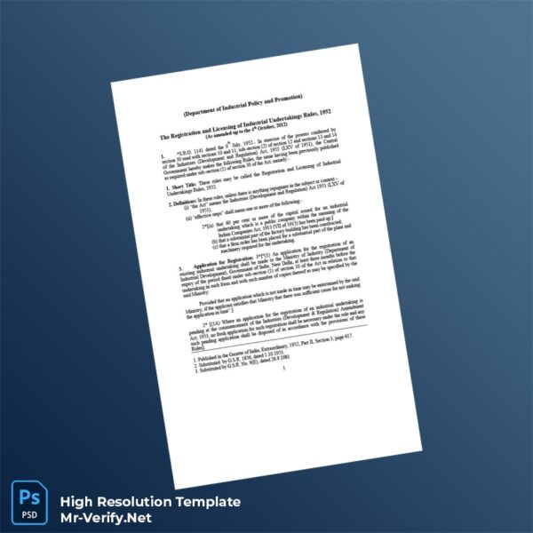 Editable India Ministry of Industry Registration Certificate Word and Pdf Template Preview - Mac Doc