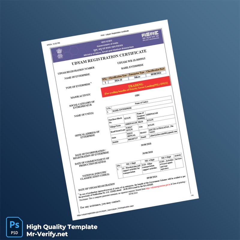 India Ministry of MSME Editable Udyam Registration Certificate Template in Word and PDF formats India Ministry of MSME Editable Udyam Registration Certificate Template in Word and PDF formats
