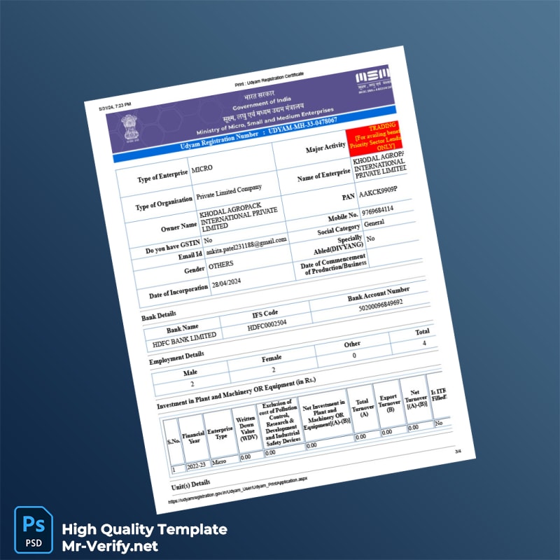 India Ministry of Micro Small and Medium Enterprises Editable MSME Registration Certificate Template in Word and PDF formats page 3 India Ministry of Micro Small and Medium Enterprises Editable MSME Registration Certificate Template in Word and PDF formats page 3