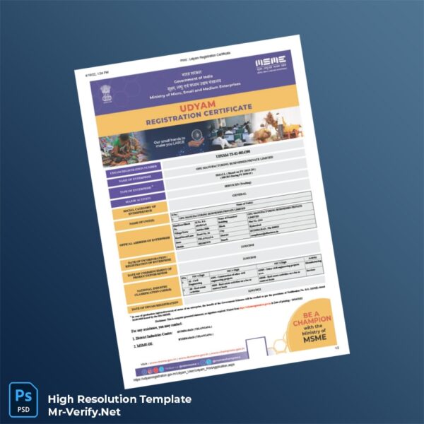 Editable India Ministry of Micro Small and Medium Enterprises MSME Registration Certificate Word and Pdf Template Preview - Mac Doc