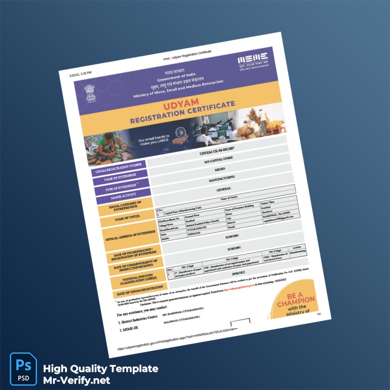 India Ministry of Micro Small and Medium Enterprises MSME Registration Certificate Template in Word and PDF formats India Ministry of Micro Small and Medium Enterprises MSME Registration Certificate Template in Word and PDF formats