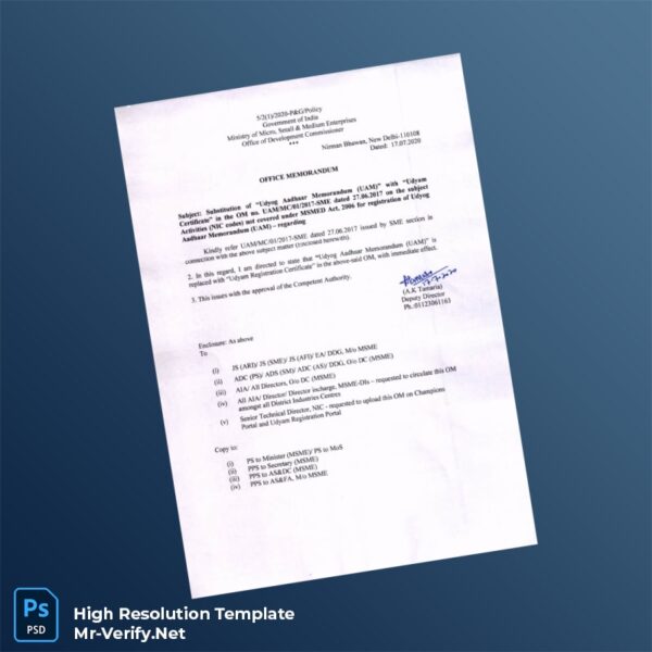 Editable India Ministry of Micro Small and Medium Enterprises Office Memorandum Word and Pdf Template Preview - Mac Doc