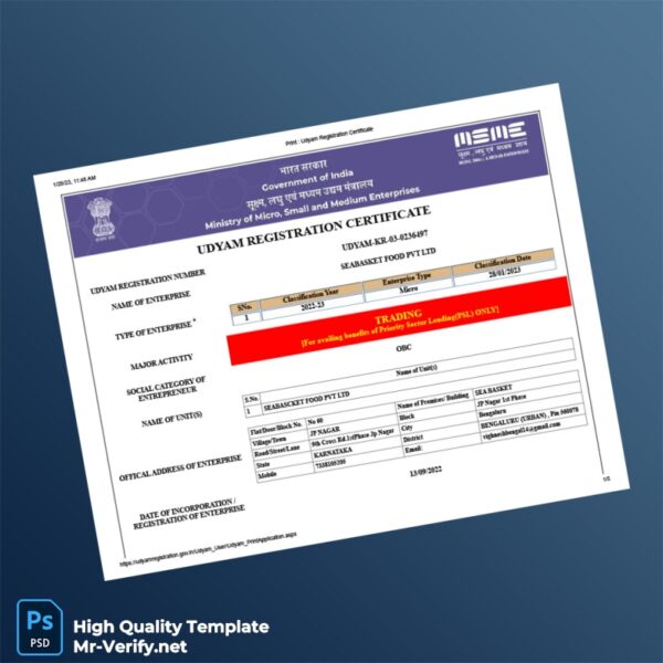 India Ministry of Micro Small and Medium Enterprises Udyam Registration Certificate Template in Word and PDF formats