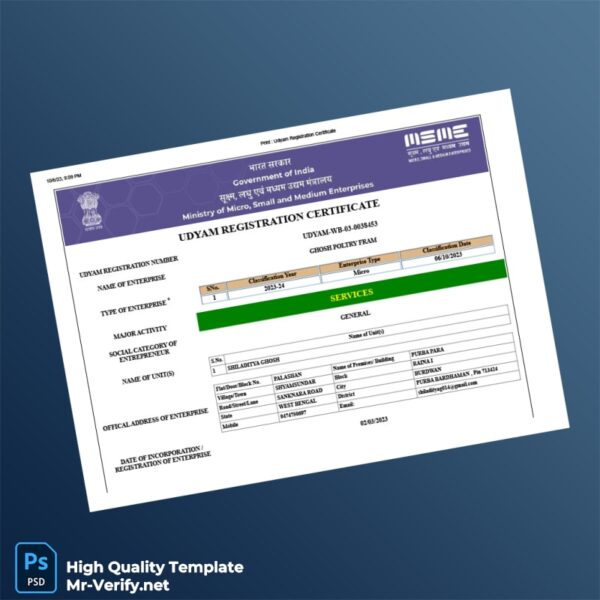India Ministry of Micro Small and Medium Enterprises Udyam Registration Certificate Template in Word and PDF formats India Ministry of Micro Small and Medium Enterprises Udyam Registration Certificate Template in Word and PDF formats