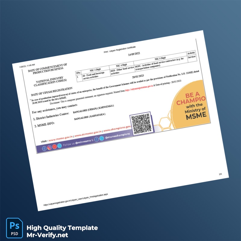 India Ministry of Micro Small and Medium Enterprises Udyam Registration Certificate Template in Word and PDF formats page 2 India Ministry of Micro Small and Medium Enterprises Udyam Registration Certificate Template in Word and PDF formats page 2