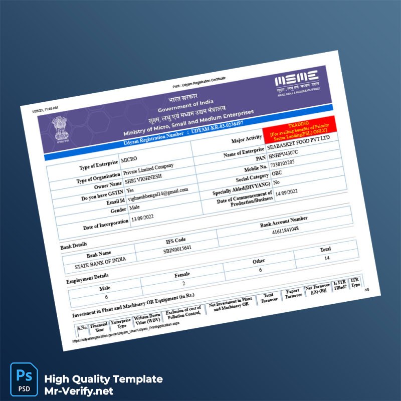 India Ministry of Micro Small and Medium Enterprises Udyam Registration Certificate Template in Word and PDF formats page 3 India Ministry of Micro Small and Medium Enterprises Udyam Registration Certificate Template in Word and PDF formats page 3
