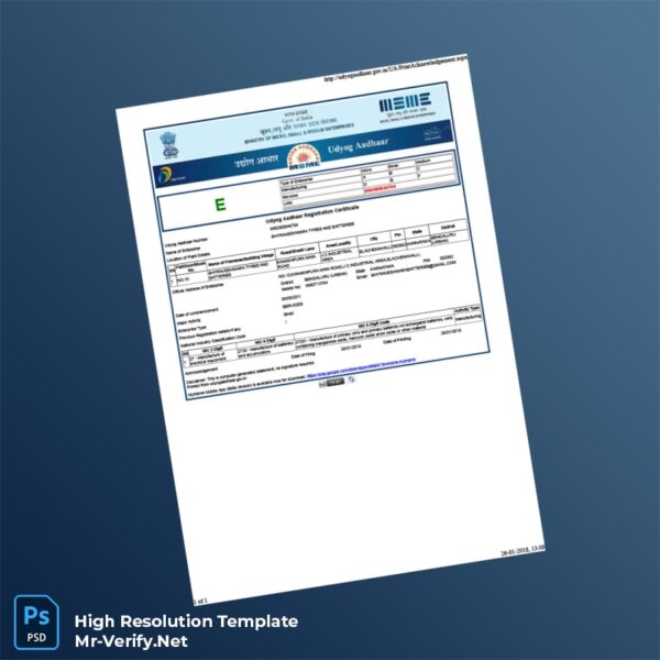 Editable India Ministry of Micro Small and Medium Enterprises Udyog Aadhaar Registration Certificate Word and Pdf Template Preview - Mac Doc