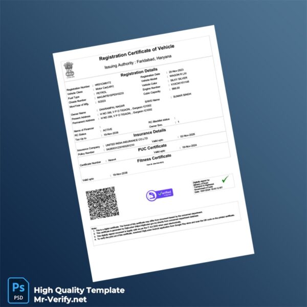 India Ministry of Road Transport and Highways Registration Certificate Template in Word and PDF formats