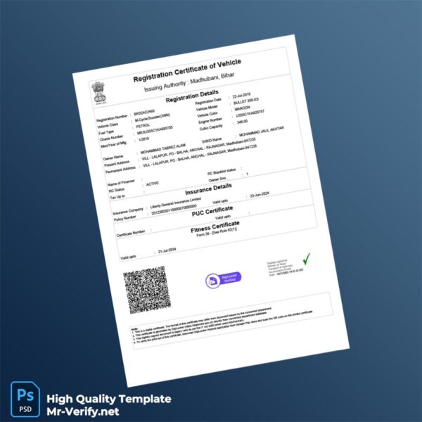 India Ministry of Road Transport and Highways Vehicle Registration Certificate Template in Word and PDF formats