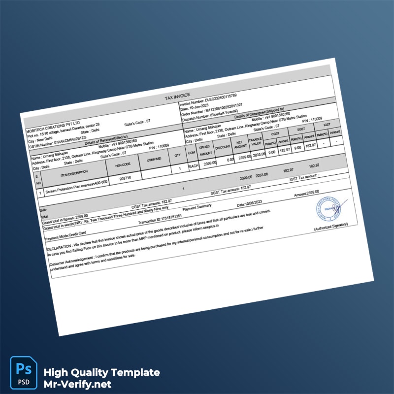 India Mobitech Creations Invoice Template in Word and PDF formats India Mobitech Creations Invoice Template in Word and PDF formats