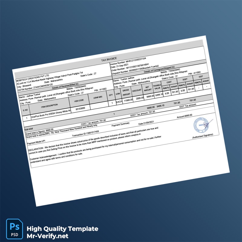 India Mobitech Creations Pvt Ltd Invoice Template in Word and PDF formats India Mobitech Creations Pvt Ltd Invoice Template in Word and PDF formats