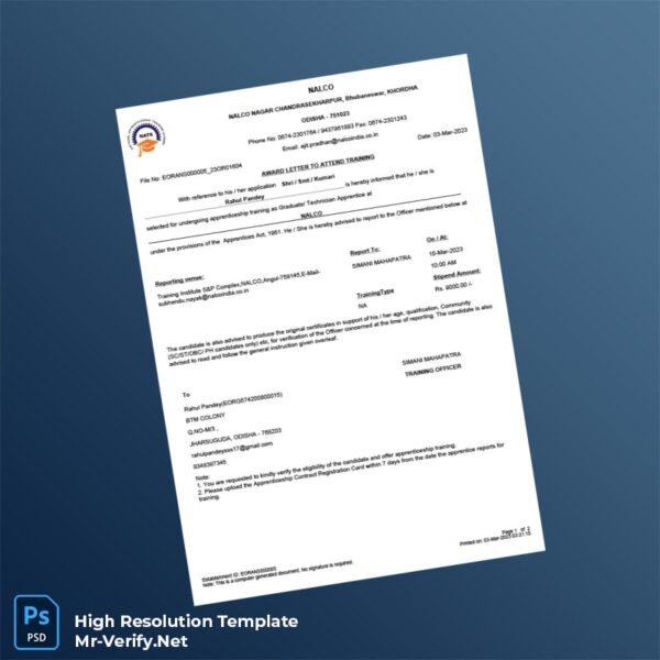 Editable India NALCO Employment Verification Letter Word and Pdf Template Preview - Mac Doc