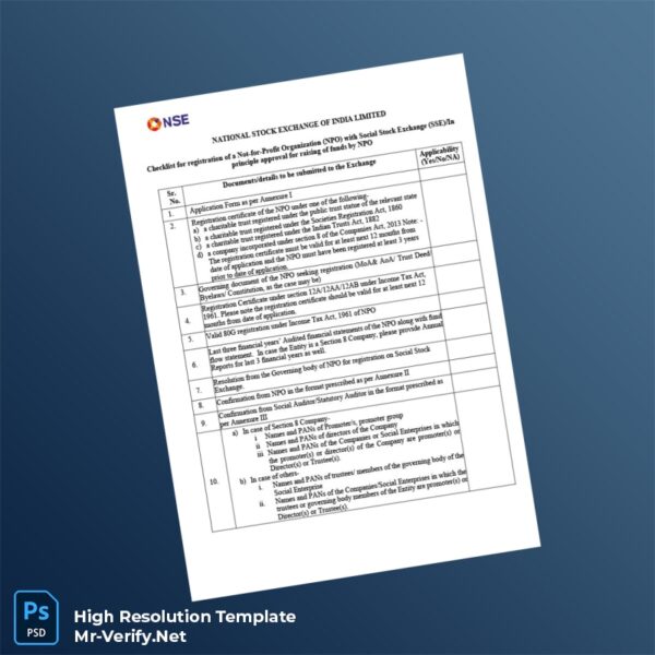 Editable India NSE Checklist for Registration of Not-for-Profit Organization Word and Pdf Template Preview - Mac Doc
