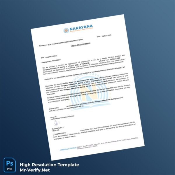 Editable India Narayana Educational Society Employment Verification Letter Word and Pdf Template Preview - Mac Doc