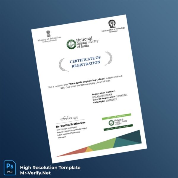 Editable India National Digital Library of India Registration Certificate Word and Pdf Template Preview - Mac Doc