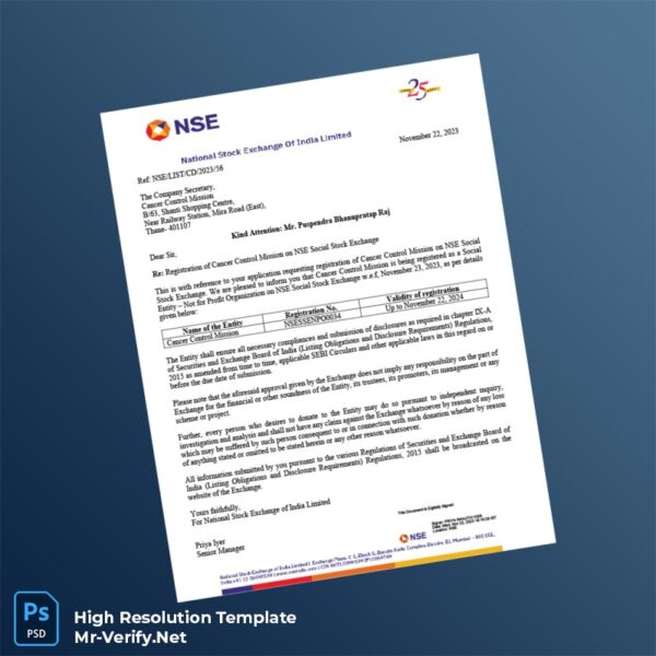Editable India National Stock Exchange Registration Certificate Word and Pdf Template Preview - Mac Doc