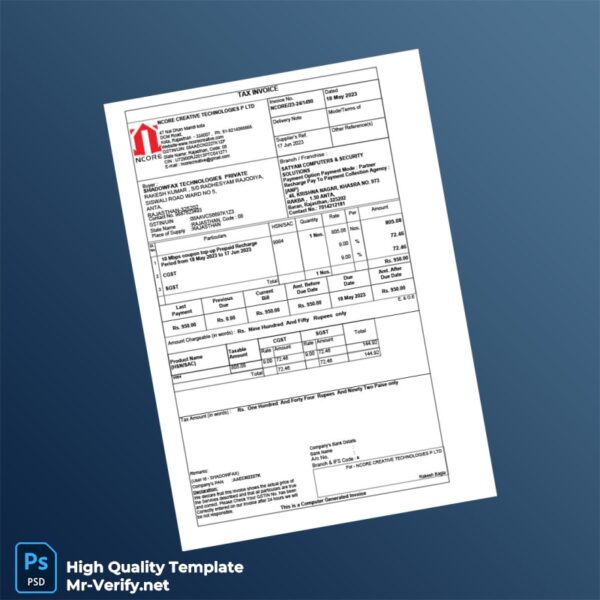 India Ncore Creative Technologies Tax Invoice Template in Word and PDF formats