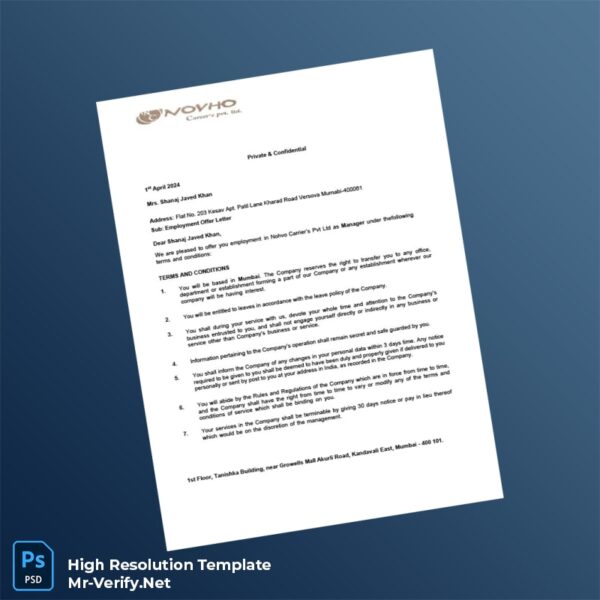 Editable India Novho Careers Pvt Ltd Employment Offer Letter Word and Pdf Template Preview - Mac Doc