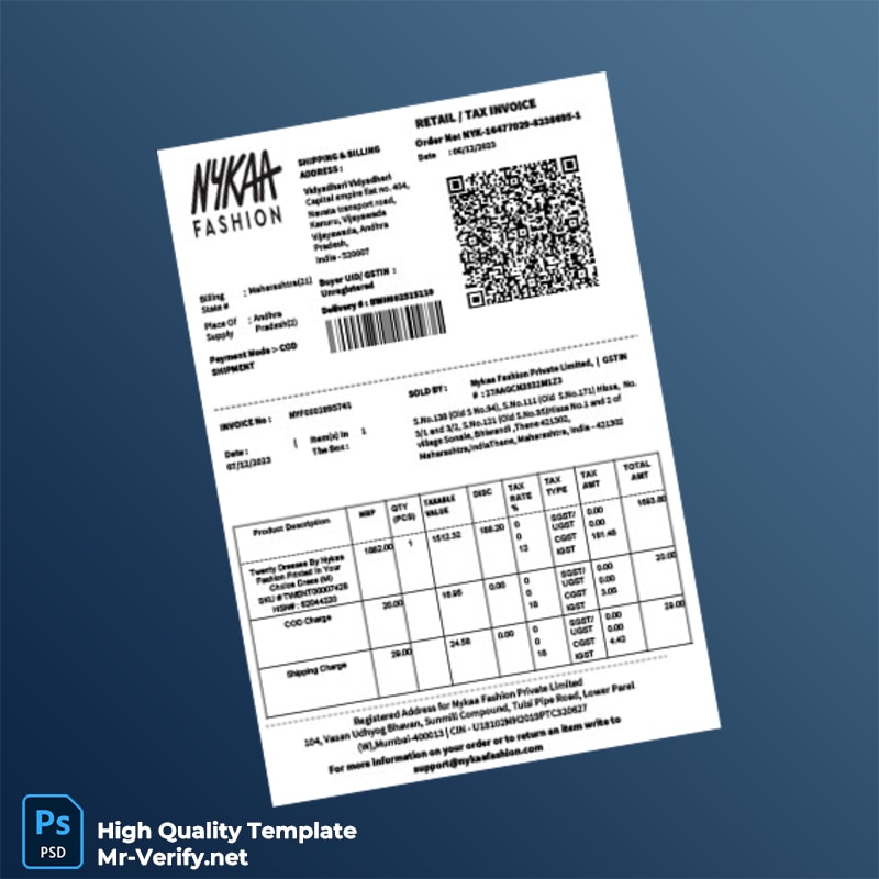 India Nykaa Fashion Invoice Template in Word and PDF formats India Nykaa Fashion Invoice Template in Word and PDF formats