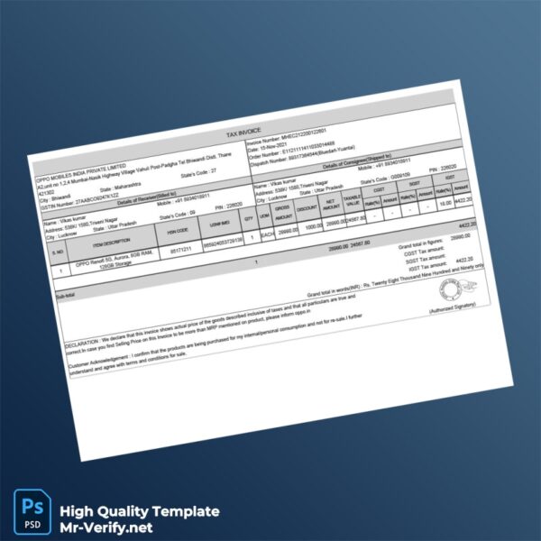 India OPPO Mobiles India Private Limited Tax Invoice Template in Word and PDF formats