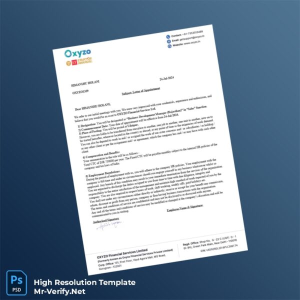 Editable India OXYZO Employment Verification Letter Word and Pdf Template Preview - Mac Doc