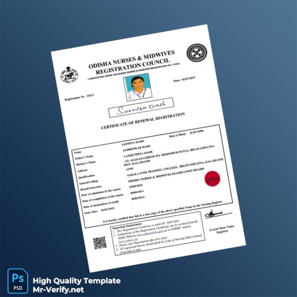 India Odisha Nurses Midwives Registration Council Nursing Registration Certificate Template in Word and PDF formats