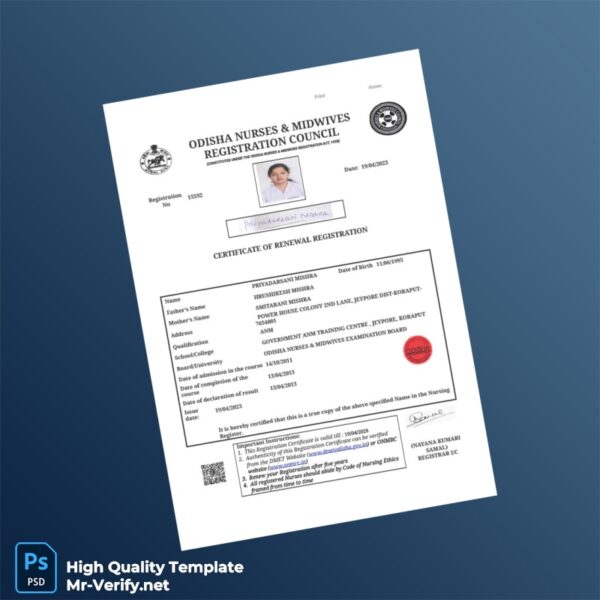India Odisha Nurses Midwives Registration Council Renewal Registration Certificate Template in Word and PDF formats
