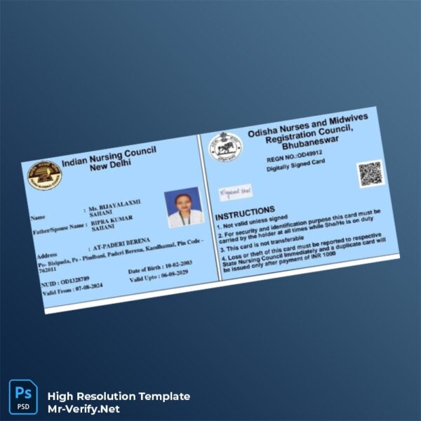 Editable India Odisha Nurses and Midwives Registration Certificate Word and Pdf Template Preview - Mac Doc