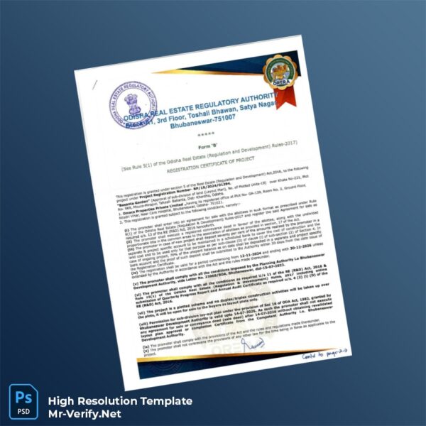 Editable India Odisha Real Estate Regulatory Authority Registration Certificate Word and Pdf Template Preview - Mac Doc