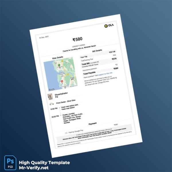 India Ola Prime Sedan Invoice Template in Word and PDF formats