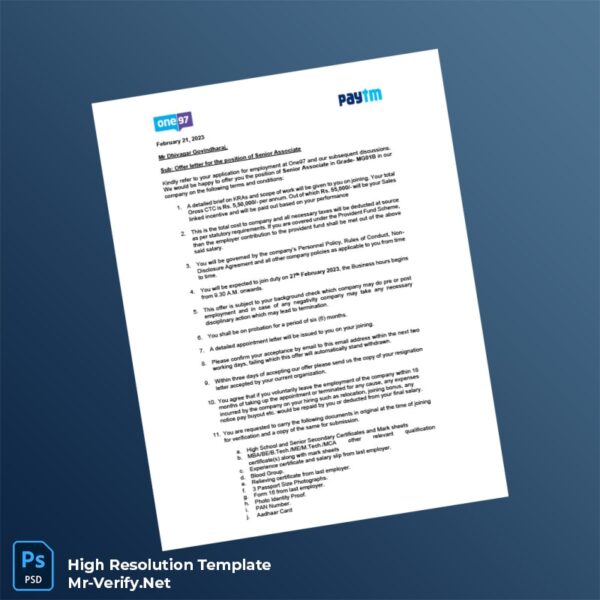 Editable India One97 Communications Ltd Employment Verification Letter Word and Pdf Template Preview - Mac Doc