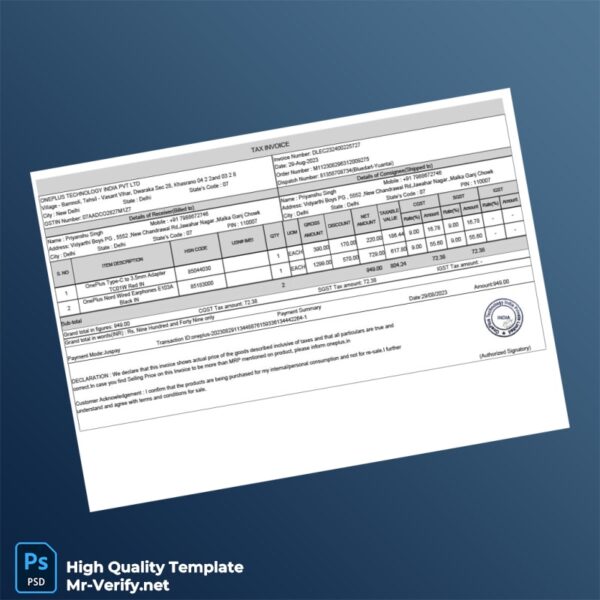 India OnePlus Technology India Pvt Ltd Invoice Template in Word and PDF formats