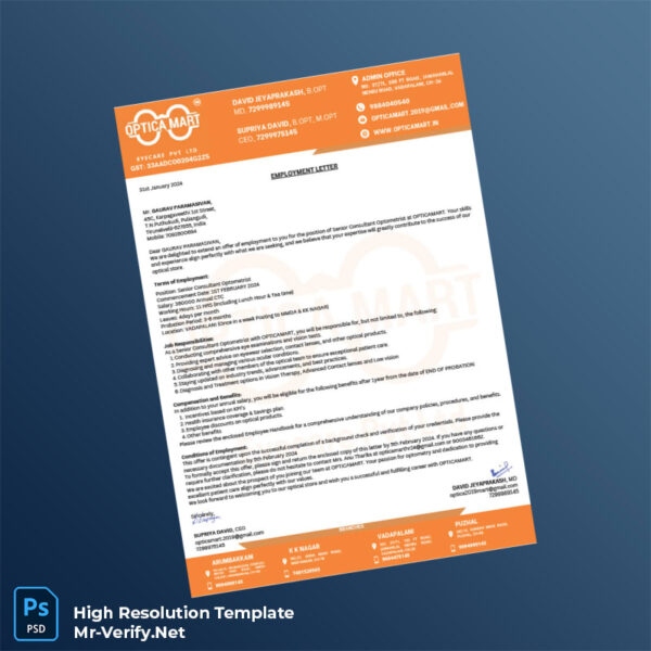 Editable India Opticamart Employment Verification Letter Word and Pdf Template Preview - Mac Doc