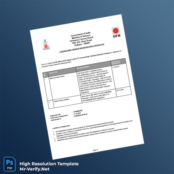 Editable India Ordnance Factory Board Editable Centralised Vendor Registration Certificate Word and Pdf Template Preview