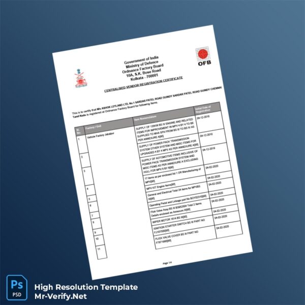 India%20Ordnance%20Factory%20Board%20Vendor%20Registration%20Certificate%20Template%20in%20Word%20and%20PDF%20formats Editable India Ordnance Factory Board Vendor Registration Certificate Word and Pdf Template Preview