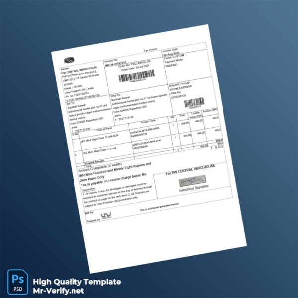India PHYSICSWALLAH PRIVATE Invoice Template in Word and PDF formats