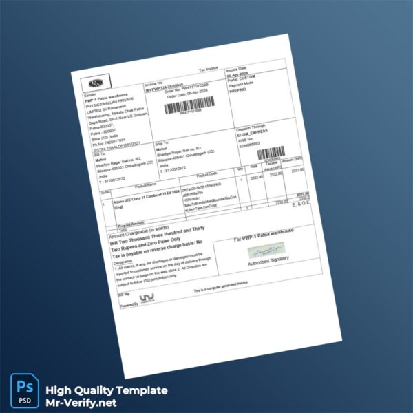 India PHYSICSWALLAH PRIVATE TAX Invoice Template in Word and PDF formats