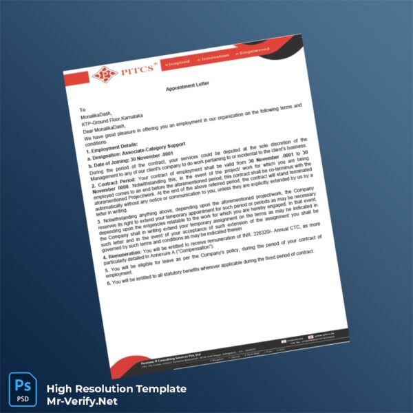 Editable India PITCS Appointment Letter Word and Pdf Template Preview - Mac Doc